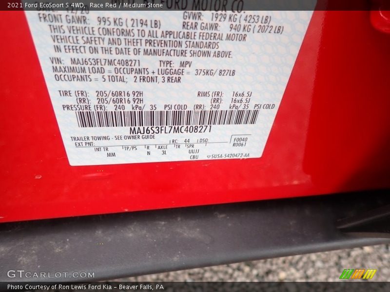 Race Red / Medium Stone 2021 Ford EcoSport S 4WD