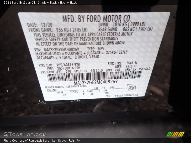 Shadow Black / Ebony Black 2021 Ford EcoSport SE