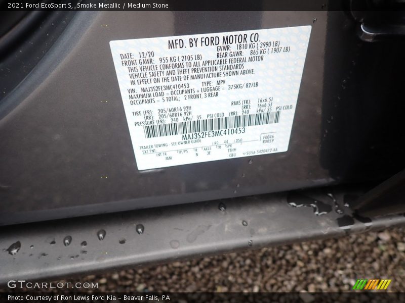 Smoke Metallic / Medium Stone 2021 Ford EcoSport S