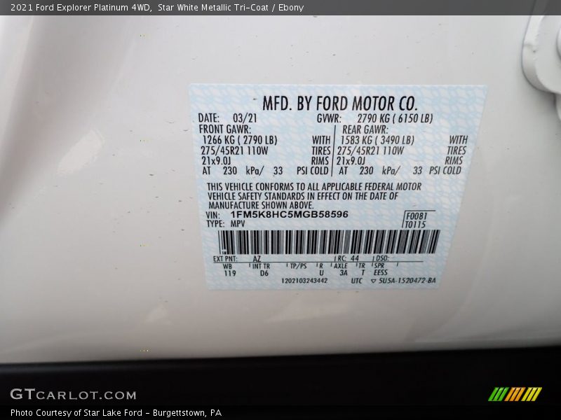 Star White Metallic Tri-Coat / Ebony 2021 Ford Explorer Platinum 4WD