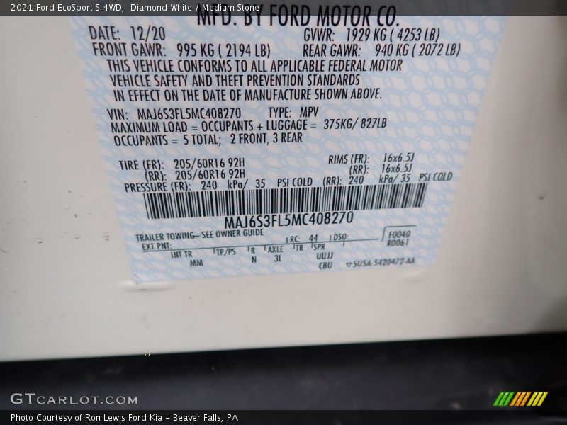 Diamond White / Medium Stone 2021 Ford EcoSport S 4WD