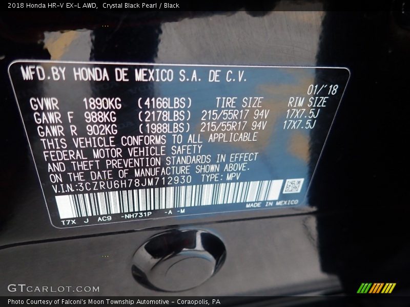 2018 HR-V EX-L AWD Crystal Black Pearl Color Code NH731P