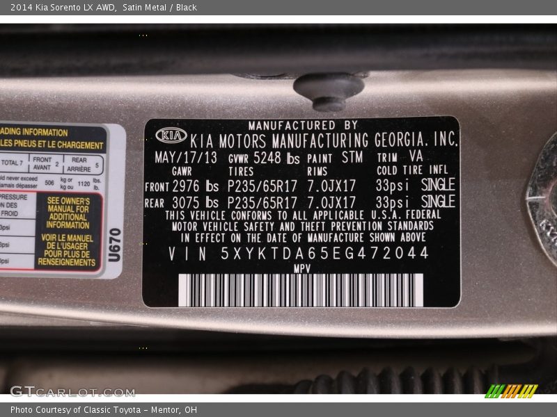 Satin Metal / Black 2014 Kia Sorento LX AWD