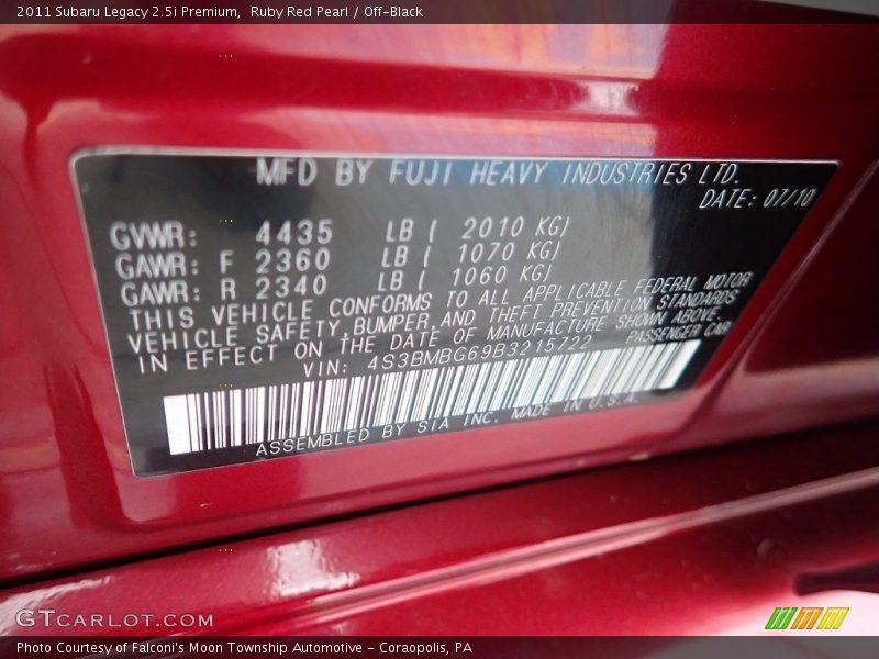 Ruby Red Pearl / Off-Black 2011 Subaru Legacy 2.5i Premium