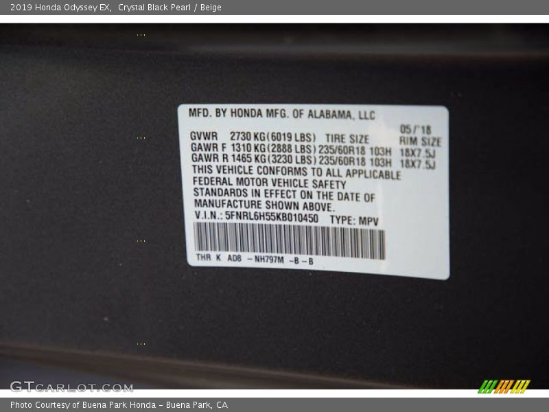 Crystal Black Pearl / Beige 2019 Honda Odyssey EX