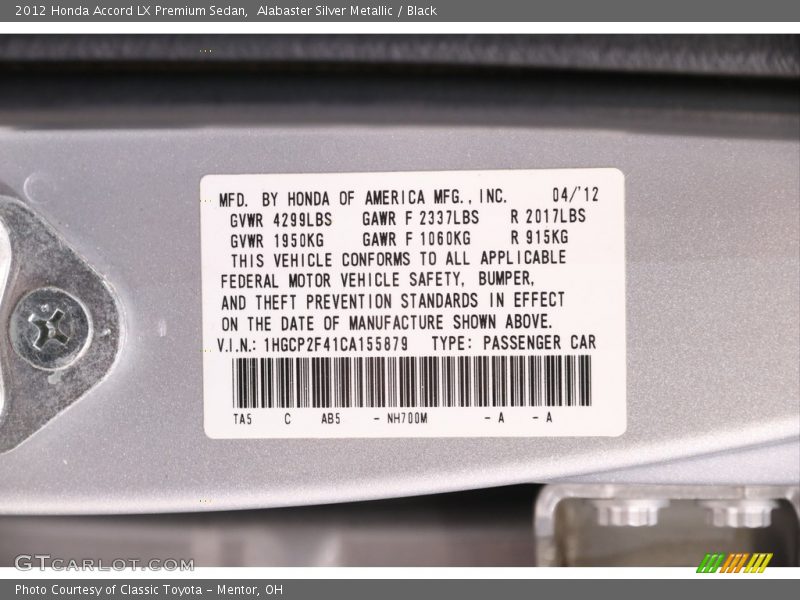 Alabaster Silver Metallic / Black 2012 Honda Accord LX Premium Sedan