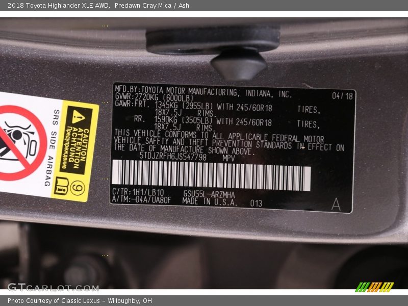 Predawn Gray Mica / Ash 2018 Toyota Highlander XLE AWD