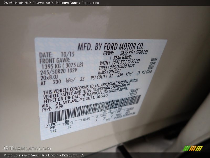 2016 MKX Reserve AWD Platinum Dune Color Code BK