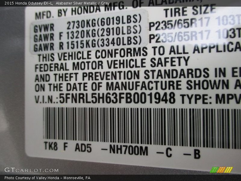 Alabaster Silver Metallic / Gray 2015 Honda Odyssey EX-L