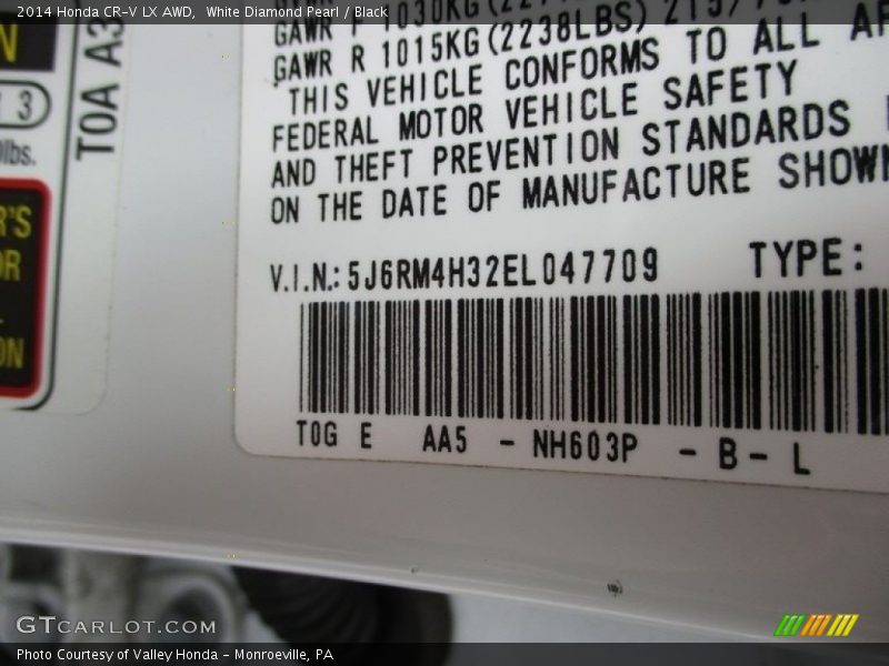 White Diamond Pearl / Black 2014 Honda CR-V LX AWD