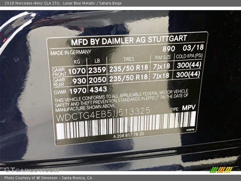 Lunar Blue Metallic / Sahara Beige 2018 Mercedes-Benz GLA 250