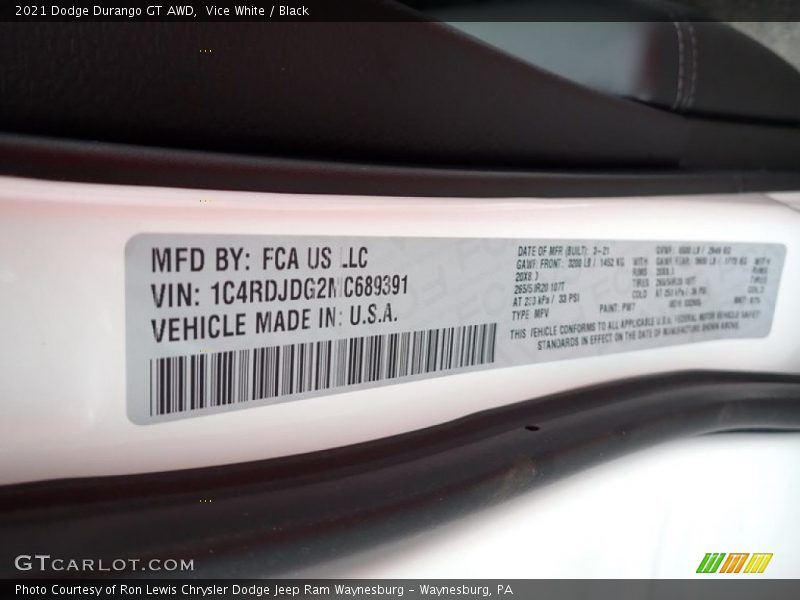 Vice White / Black 2021 Dodge Durango GT AWD