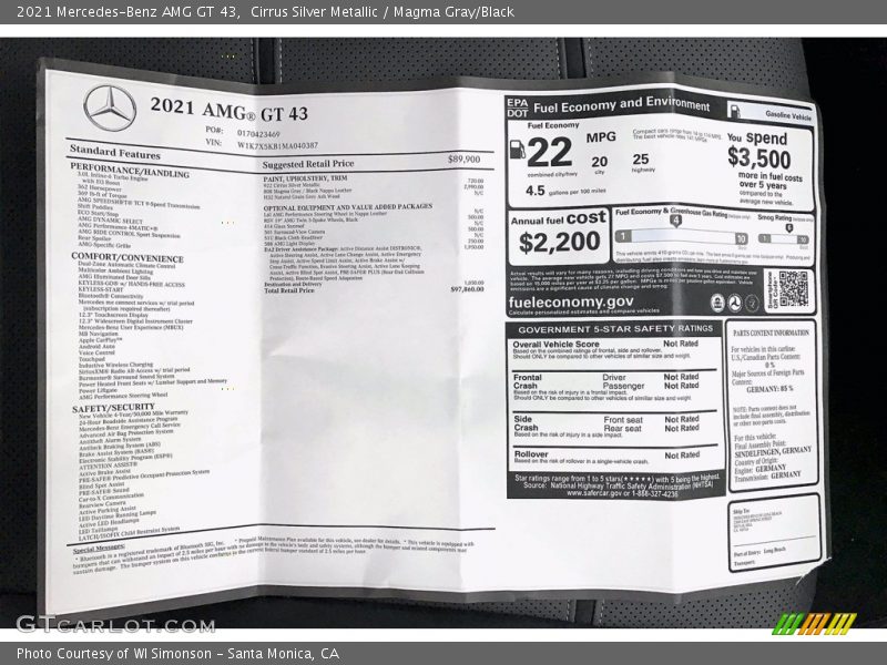 Cirrus Silver Metallic / Magma Gray/Black 2021 Mercedes-Benz AMG GT 43