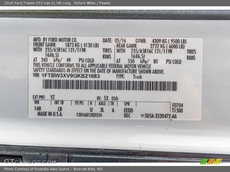 2016 Transit 350 Van XL HR Long Oxford White Color Code YZ