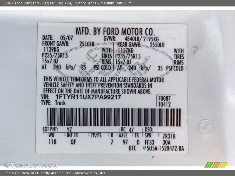 2007 Ranger XL Regular Cab 4x4 Oxford White Color Code YZ