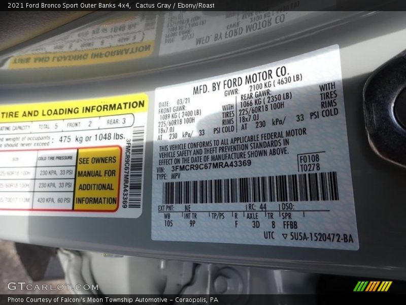 2021 Bronco Sport Outer Banks 4x4 Cactus Gray Color Code NE