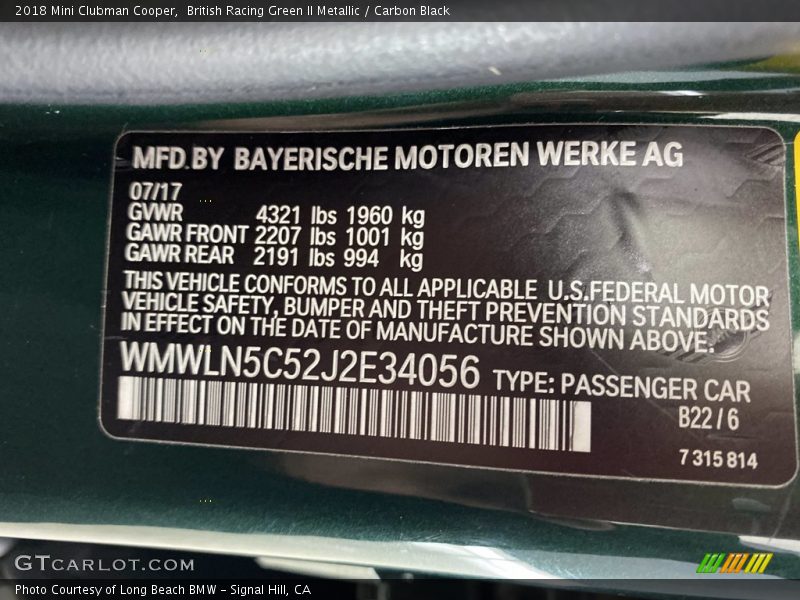 British Racing Green II Metallic / Carbon Black 2018 Mini Clubman Cooper