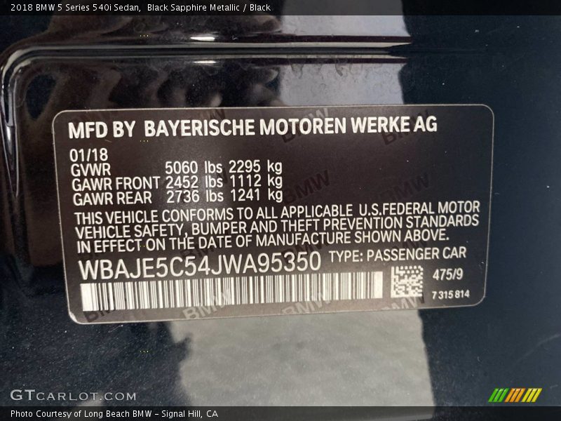 Black Sapphire Metallic / Black 2018 BMW 5 Series 540i Sedan