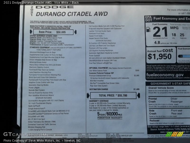 Vice White / Black 2021 Dodge Durango Citadel AWD