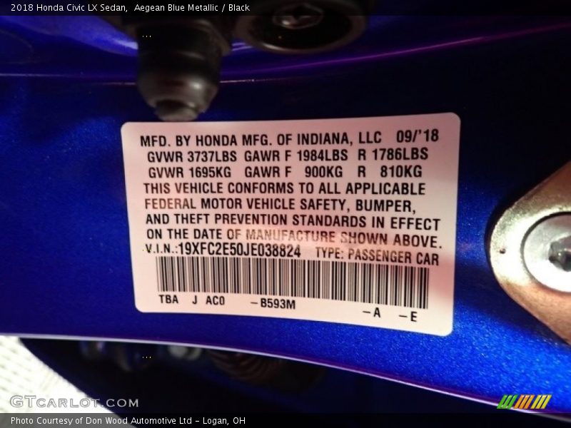 Aegean Blue Metallic / Black 2018 Honda Civic LX Sedan