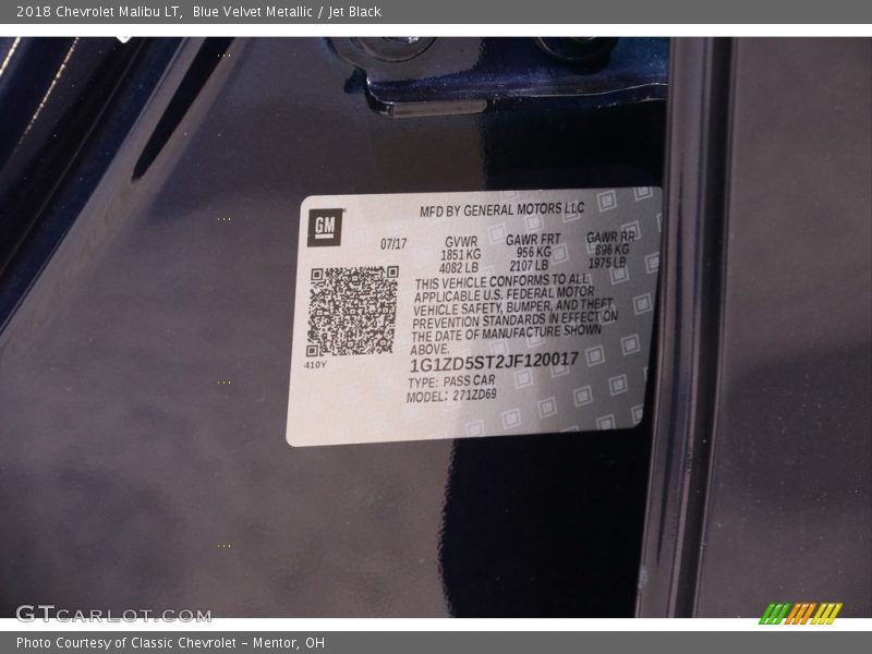 Blue Velvet Metallic / Jet Black 2018 Chevrolet Malibu LT