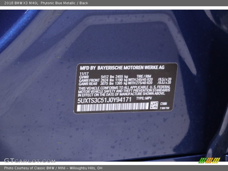 Phytonic Blue Metallic / Black 2018 BMW X3 M40i