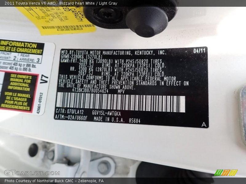 Blizzard Pearl White / Light Gray 2011 Toyota Venza V6 AWD