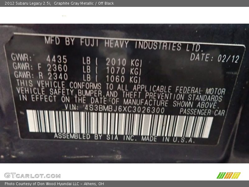 Graphite Gray Metallic / Off Black 2012 Subaru Legacy 2.5i