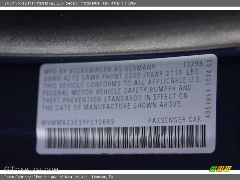 Indigo Blue Pearl Metallic / Grey 2000 Volkswagen Passat GLS 1.8T Sedan