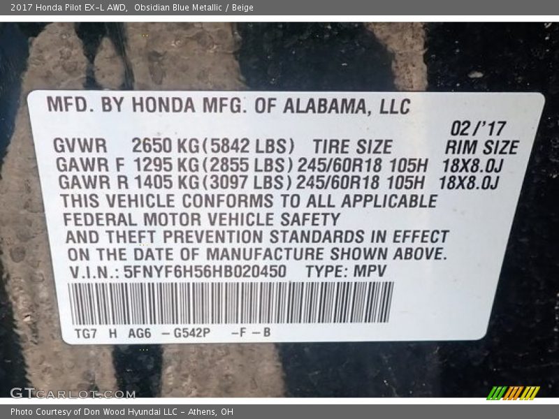 Obsidian Blue Metallic / Beige 2017 Honda Pilot EX-L AWD
