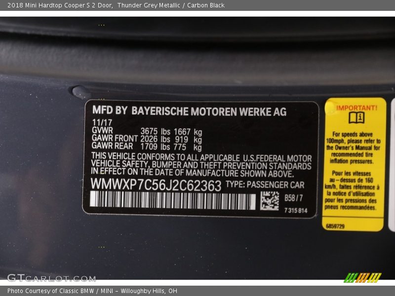 Thunder Grey Metallic / Carbon Black 2018 Mini Hardtop Cooper S 2 Door