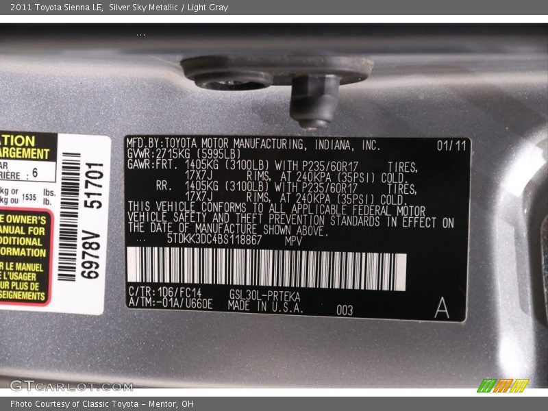 Silver Sky Metallic / Light Gray 2011 Toyota Sienna LE
