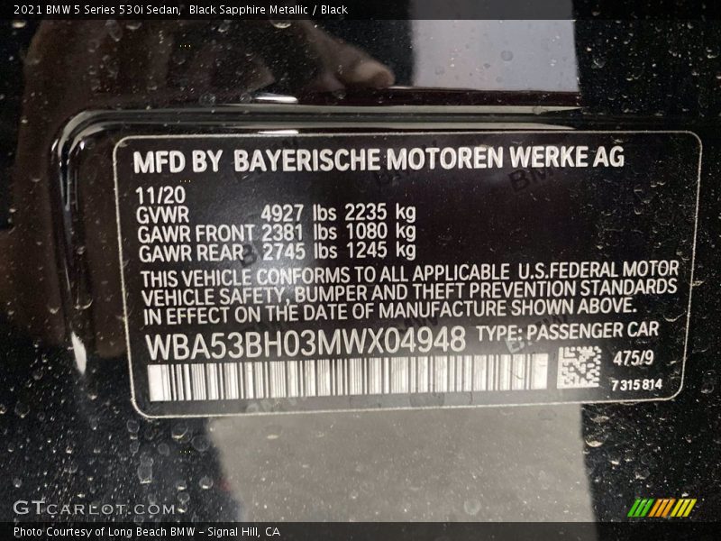Black Sapphire Metallic / Black 2021 BMW 5 Series 530i Sedan