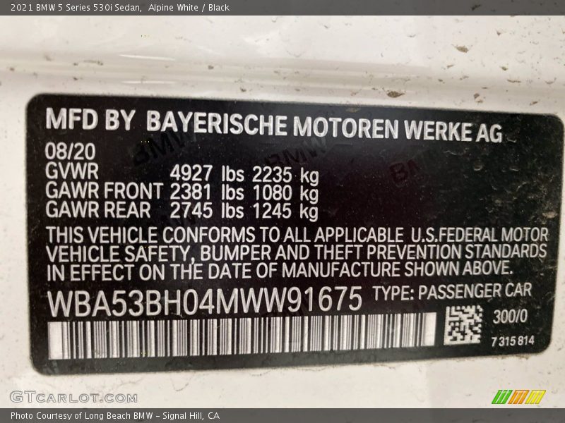 Alpine White / Black 2021 BMW 5 Series 530i Sedan