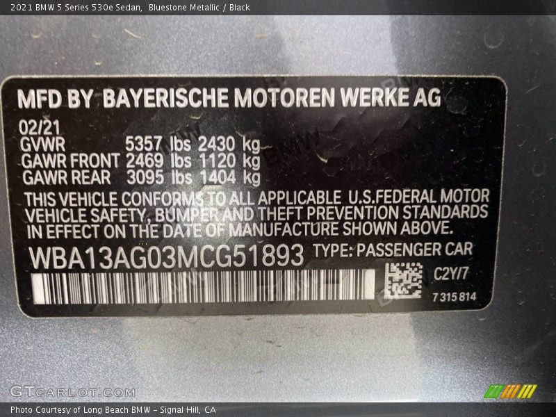 Bluestone Metallic / Black 2021 BMW 5 Series 530e Sedan