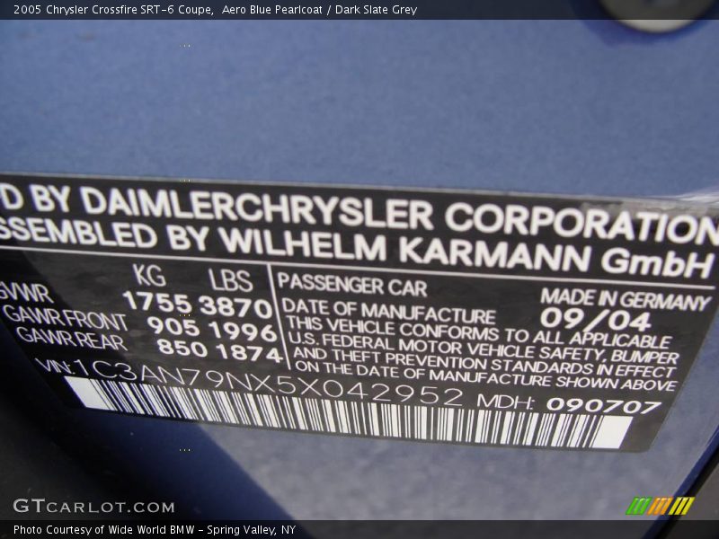 Info Tag of 2005 Crossfire SRT-6 Coupe