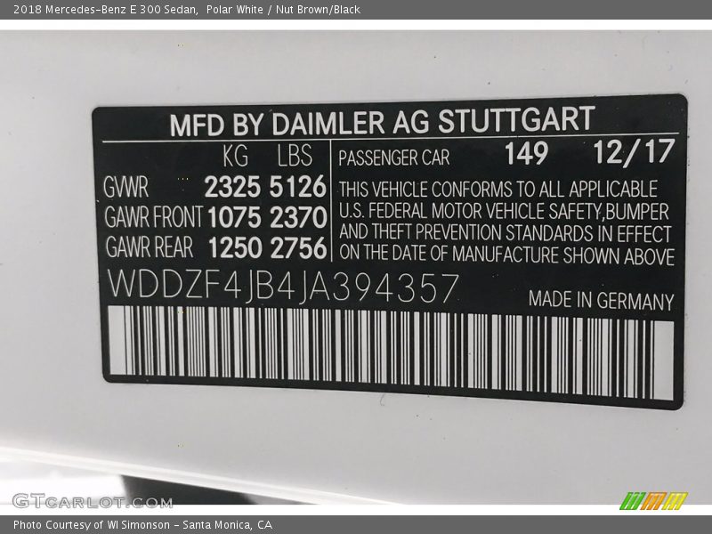 2018 E 300 Sedan Polar White Color Code 149