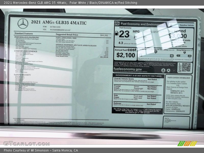  2021 GLB AMG 35 4Matic Window Sticker