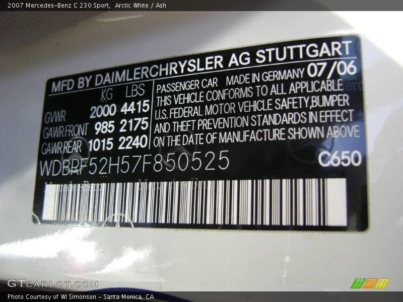 Arctic White / Ash 2007 Mercedes-Benz C 230 Sport