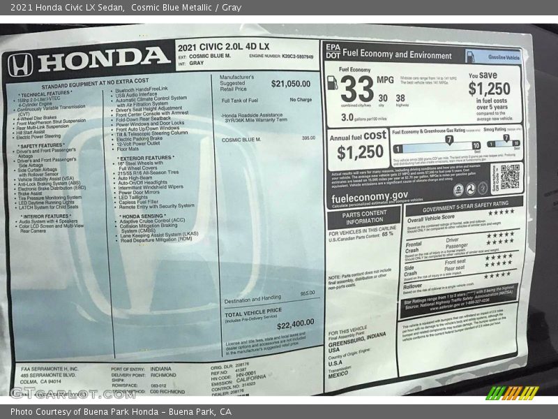 Cosmic Blue Metallic / Gray 2021 Honda Civic LX Sedan