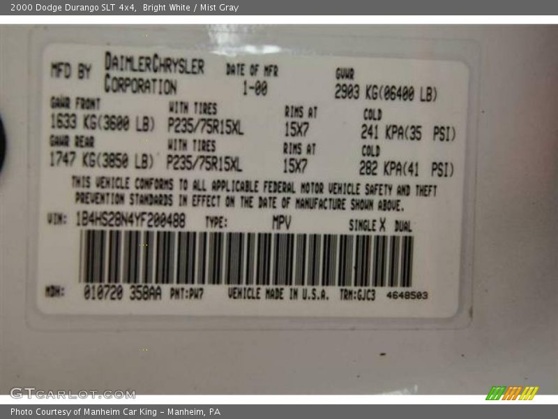 Bright White / Mist Gray 2000 Dodge Durango SLT 4x4