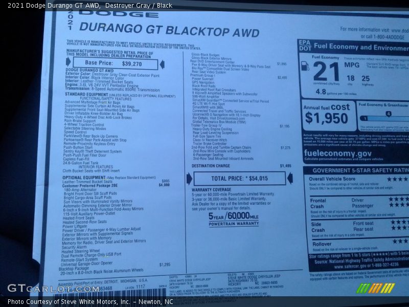 Destroyer Gray / Black 2021 Dodge Durango GT AWD