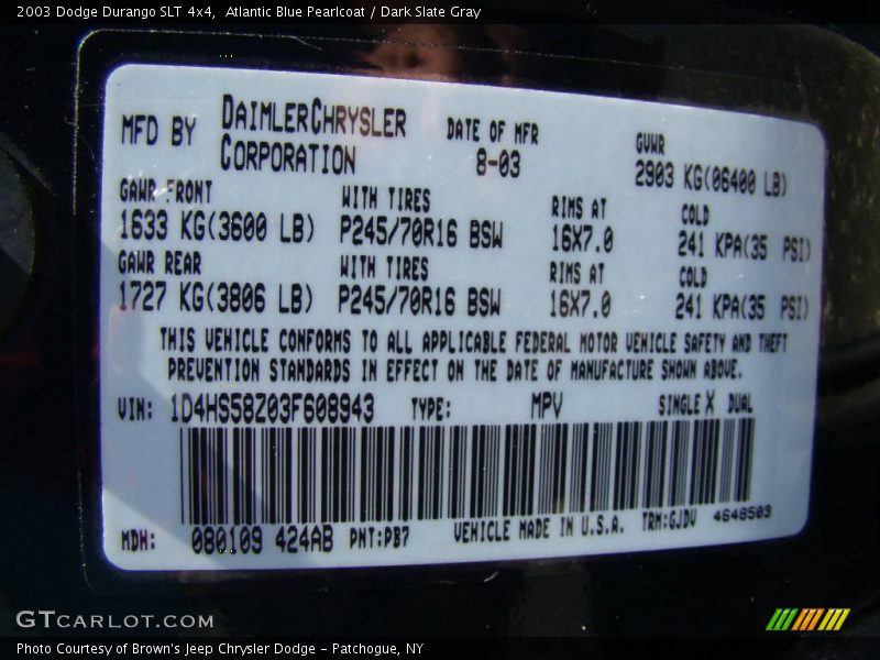Atlantic Blue Pearlcoat / Dark Slate Gray 2003 Dodge Durango SLT 4x4