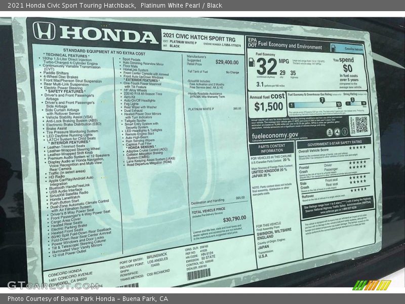  2021 Civic Sport Touring Hatchback Window Sticker