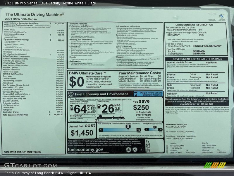  2021 5 Series 530e Sedan Window Sticker