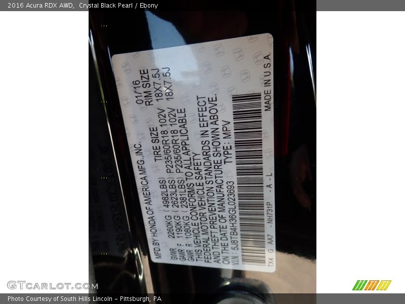 2016 RDX AWD Crystal Black Pearl Color Code NH731P