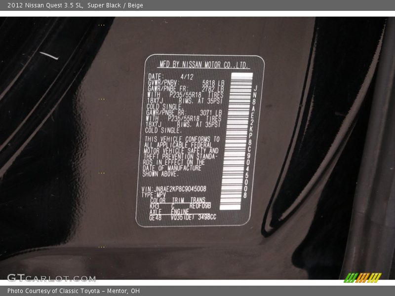 Super Black / Beige 2012 Nissan Quest 3.5 SL