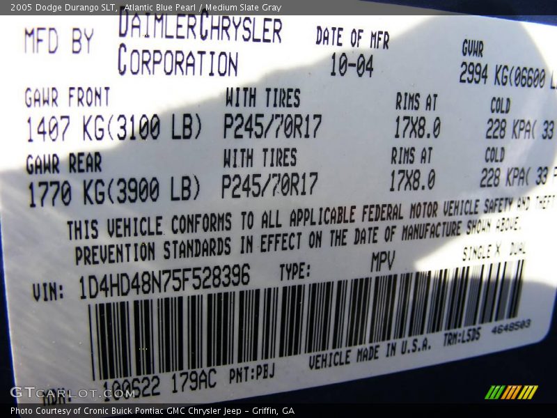 Atlantic Blue Pearl / Medium Slate Gray 2005 Dodge Durango SLT