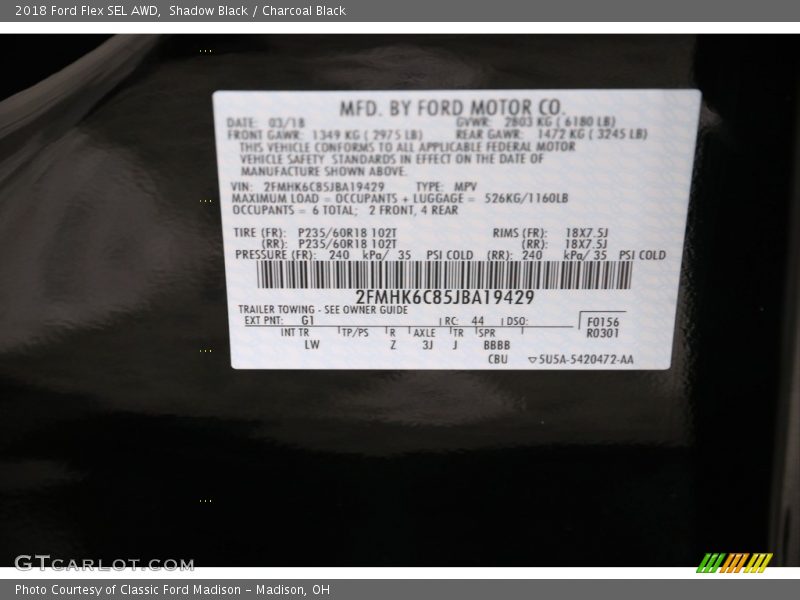 2018 Flex SEL AWD Shadow Black Color Code G1