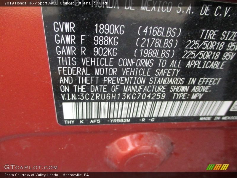 Orangeburst Metallic / Black 2019 Honda HR-V Sport AWD